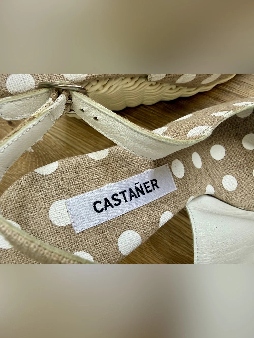 Castañer Polka Dot Wicker Wedge Slingback Sandals US 7